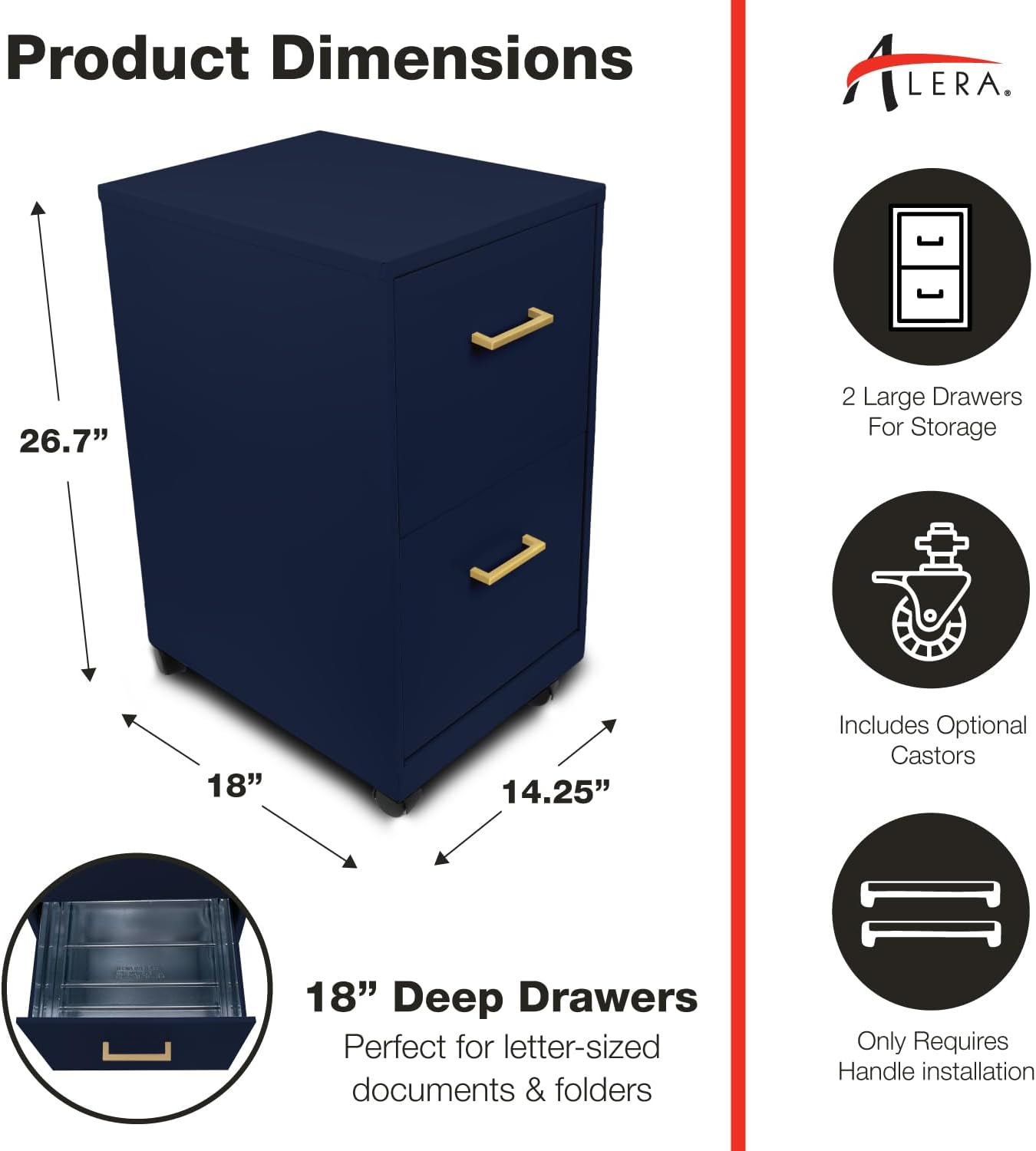 Alera SOHO-Grade 2-Drawer Vertical Filing Cabinet for Home and Office Use | Durable Steel Construction | Includes Casters for Mobility | 14.25" W x 18" D x 26.7" H | Navy Blue - Image 2