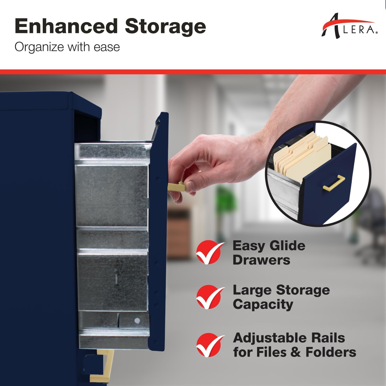 Alera SOHO-Grade 2-Drawer Vertical Filing Cabinet for Home and Office Use | Durable Steel Construction | Includes Casters for Mobility | 14.25" W x 18" D x 26.7" H | Navy Blue - Image 4