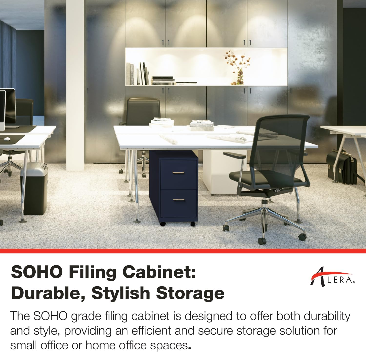 Alera SOHO-Grade 2-Drawer Vertical Filing Cabinet for Home and Office Use | Durable Steel Construction | Includes Casters for Mobility | 14.25" W x 18" D x 26.7" H | Navy Blue - Image 6