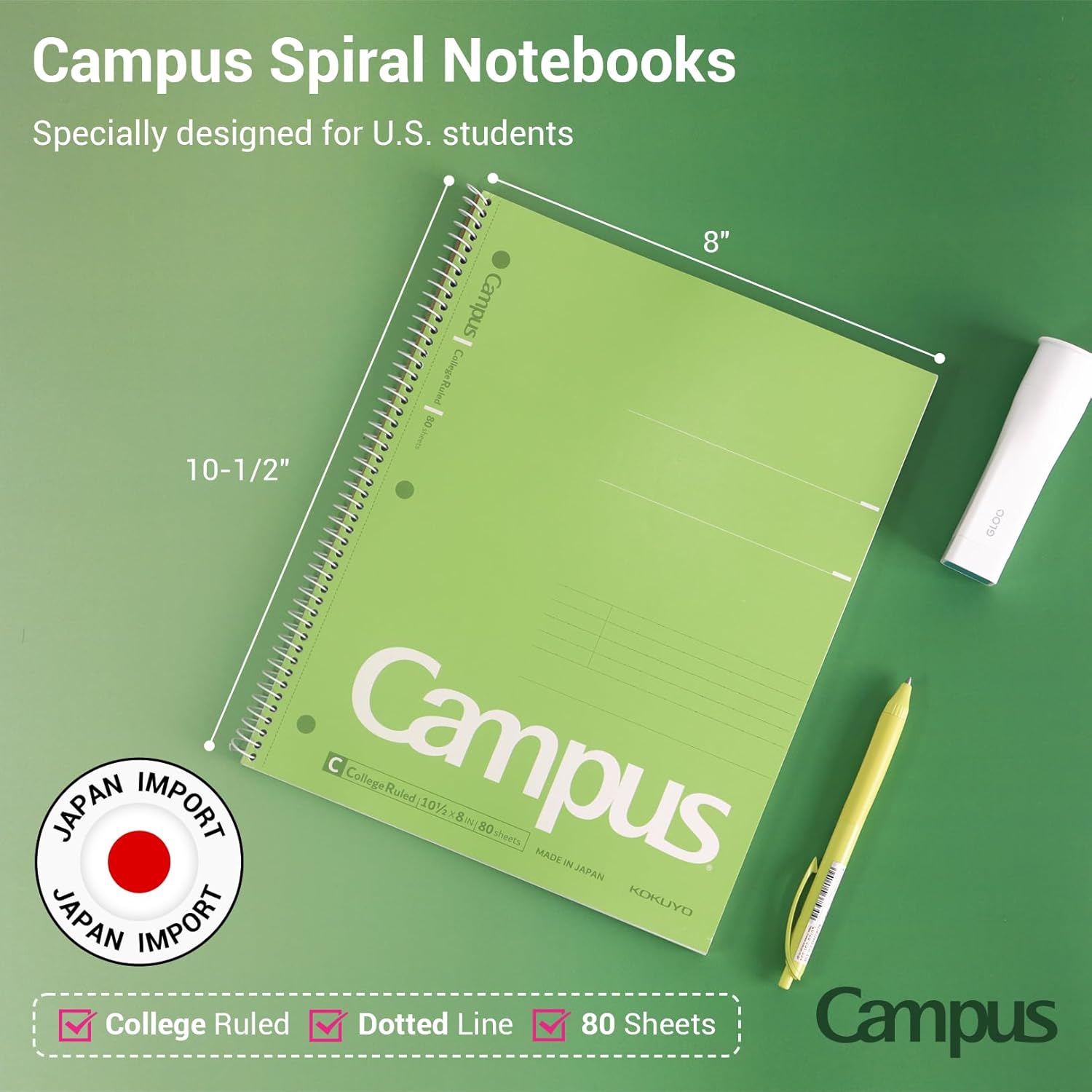 KOKUYO Spiral Notebook, 3 Pack Campus 10-1/2" x 8" Subject Notebooks with College Ruled, 80 Sheets, Pink Blue Green 3 Holes School Spiral Journal for Work Study Note Taking (WSG-SU-400G1×3) - Image 2