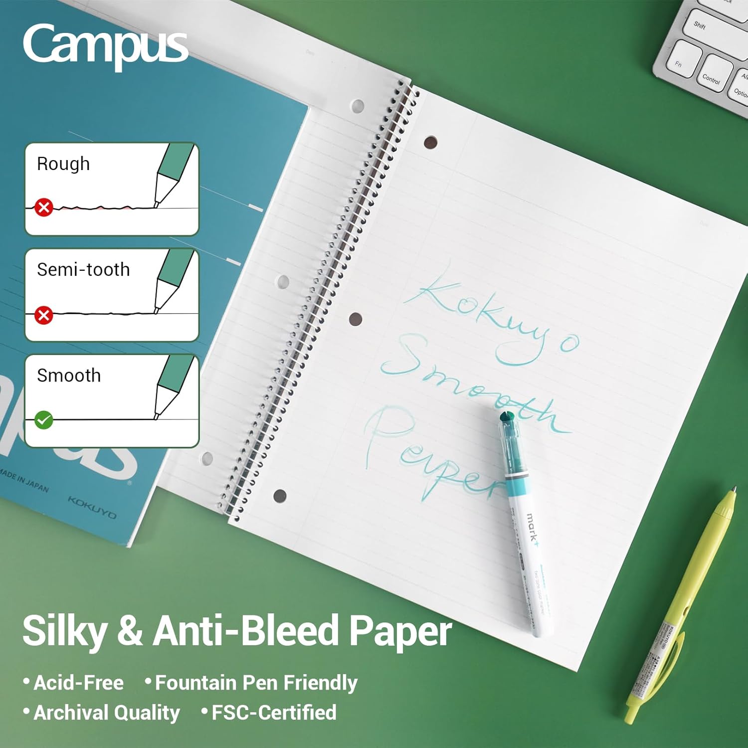 KOKUYO Spiral Notebook, 3 Pack Campus 10-1/2" x 8" Subject Notebooks with College Ruled, 80 Sheets, Pink Blue Green 3 Holes School Spiral Journal for Work Study Note Taking (WSG-SU-400G1×3) - Image 6