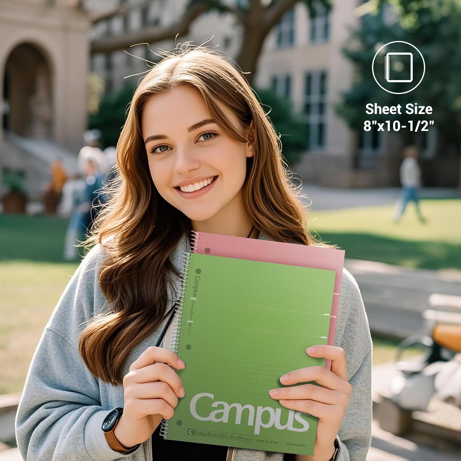 KOKUYO Spiral Notebook, 3 Pack Campus 10-1/2" x 8" Subject Notebooks with College Ruled, 80 Sheets, Pink Blue Green 3 Holes School Spiral Journal for Work Study Note Taking (WSG-SU-400G1×3) - Image 8