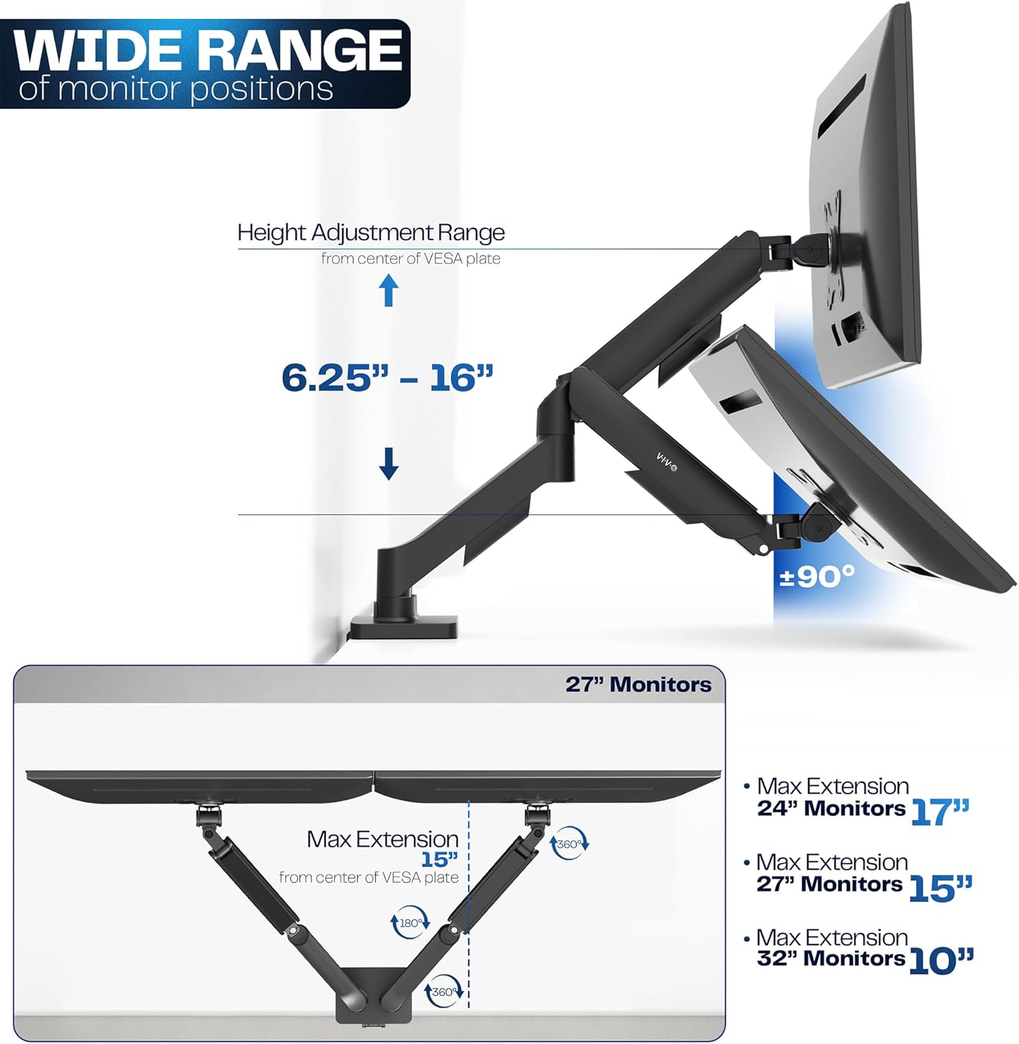 VIVO Dual Monitor up to 32 inches and 19.8 lbs per Screen, Pneumatic Arm Desk Mount, Articulating Counterbalance, VESA Stand, Classic, STAND-V002O - Image 4