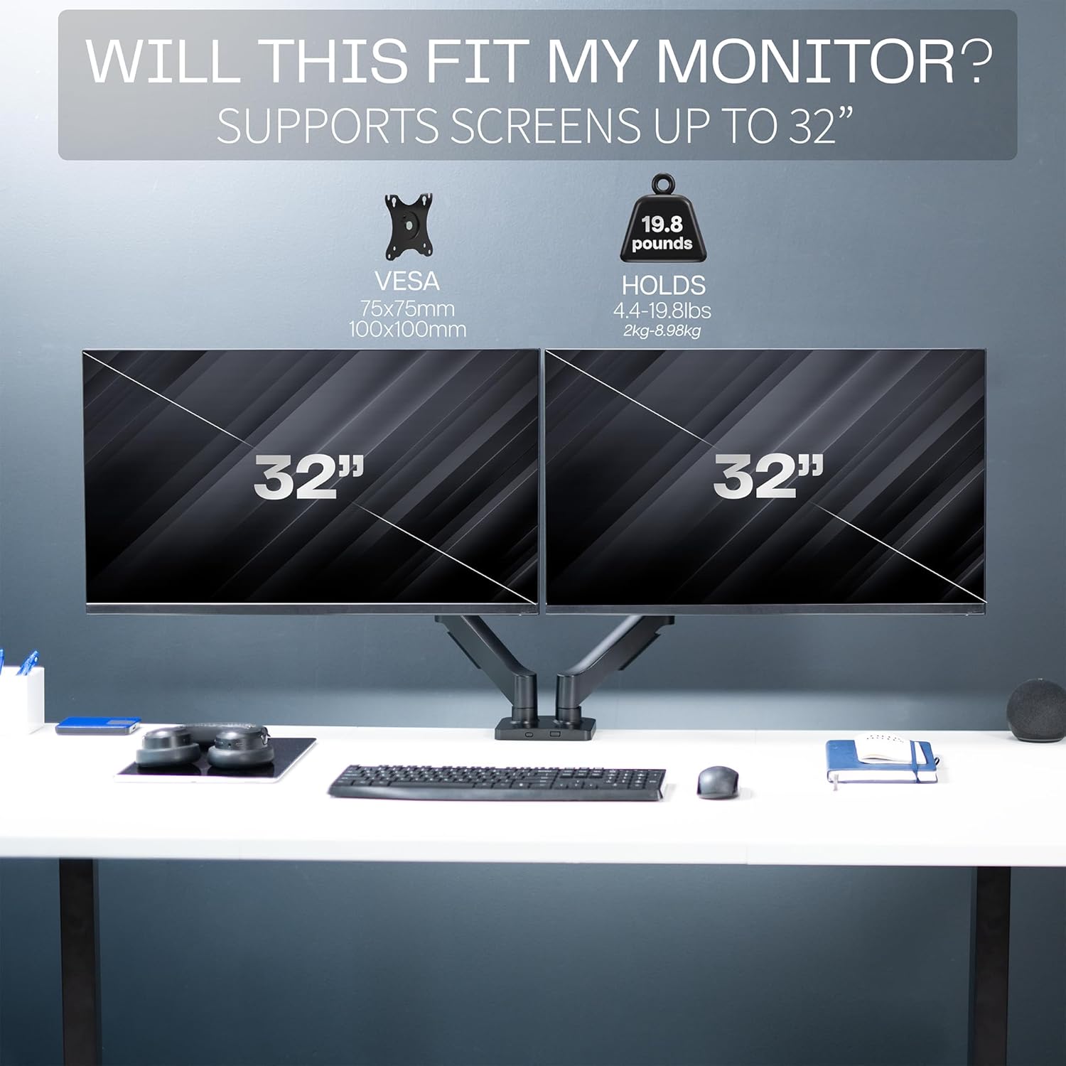 VIVO Dual Monitor up to 32 inches and 19.8 lbs per Screen, Pneumatic Arm Desk Mount, Articulating Counterbalance, VESA Stand, Classic, STAND-V002O - Image 6