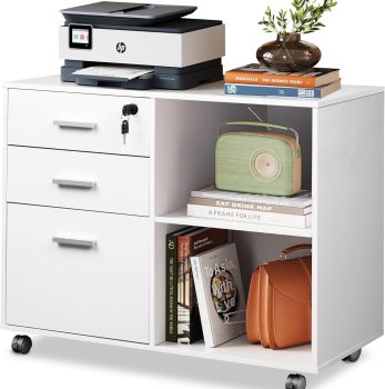 DEVAISE 3-Drawer Wood File Cabinet with Lock, Mobile Lateral Filing Cabinet, Printer Stand with Open Storage Shelves for Home Office, White