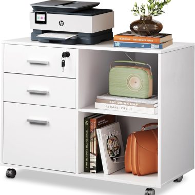 DEVAISE 3-Drawer Wood File Cabinet with Lock, Mobile Lateral Filing Cabinet, Printer Stand with Open Storage Shelves for Home Office, White